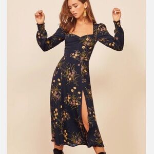 Reformation Navy Floral Long Sleeve Dress with slit